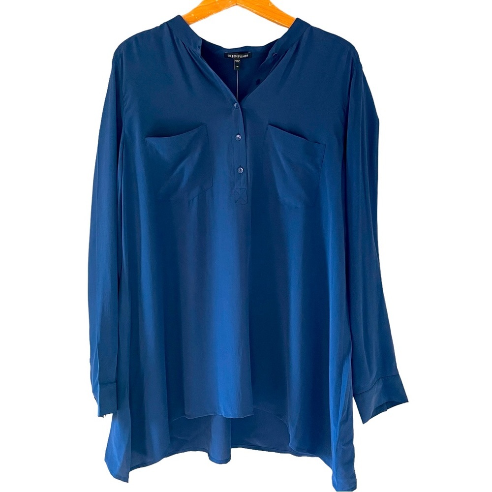 Eileen Fisher Long-sleeve Button Down Oversized Silk Blouse Pockets Navy Blue